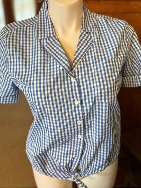 French Connection Blue and White Gingham Short-Sleeve Button Shirt